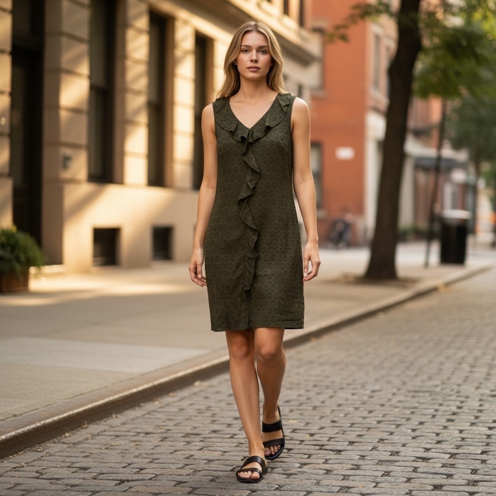 ANTONIO MELANI Green Dot Ruffle Sleeveless Dress